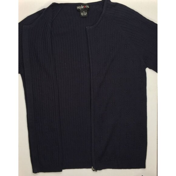 Style & Co Womens Navy Blue Cardigan Sweater Zipper Zip Small Cable Knit Size M - Picture 4 of 9
